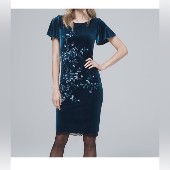 WHITE HOUSE BLACK MARKET Embroidered Stretch Velvet Dress Size Small Blue Black - Picture 1 of 9